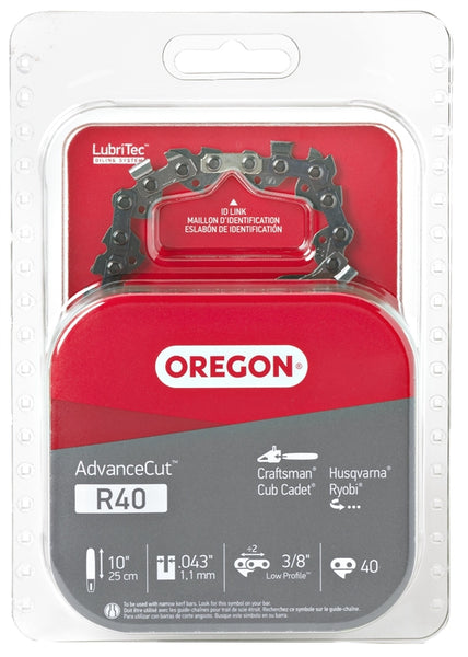Oregon AdvanceCut R40 Chainsaw Chain, 10 in L Bar, 0.043 Gauge, 3/8 in TPI/Pitch, 40-Link