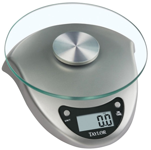 Taylor 3831S Kitchen Scale, 6.6 lb Capacity, LCD Display, Tempered Glass Platform, Silver, g, kg, lb, oz