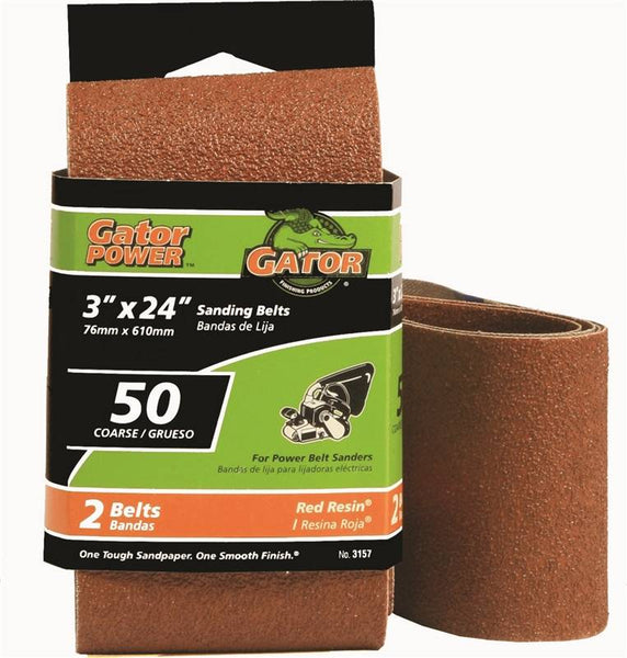 Gator 3157 Sanding Belt, 3 in W, 24 in L, 50 Grit, Coarse, Aluminum Oxide Abrasive