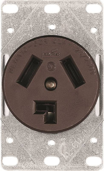Eaton Cooper Wiring 38B-BOX Power Receptacle, 3 -Pole, 125/250 V, 30 A, NEMA: NEMA 10-30R, Brown