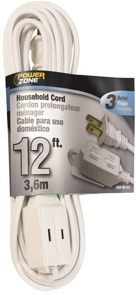 PowerZone Extension Cord, 16 AWG Cable, 12 ft L, 13 A, 125 V, White