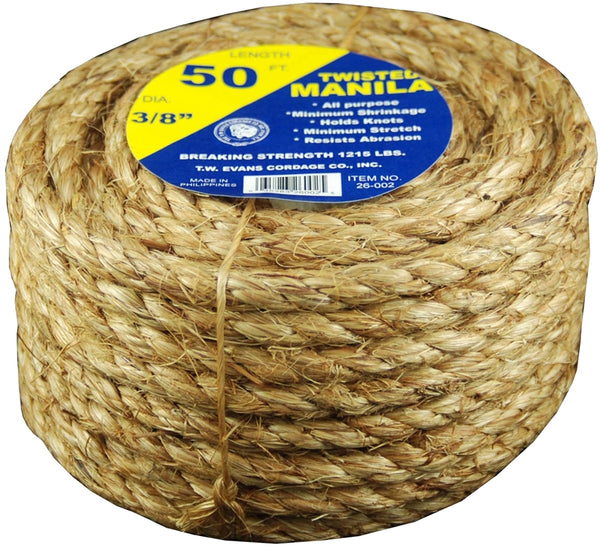 T.W. Evans Cordage 26-002 Rope, 3/8 in Dia, 50 ft L, 122 lb Working Load, Manila, Natural
