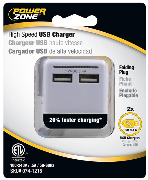 PowerZone ORUSB340 AC Compact USB Charger with Light, 2 -USB Port, 2 -Outlet, White