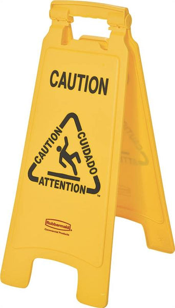 Rubbermaid FG611200 YEL Floor Sign, 11 in W, 25 in H, Yellow Background, Caution, English, French, Spanish
