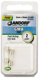 Jandorf 60683 Fast Acting Fuse, 2 A, 250 V, 100 A, 10 kA Interrupt, Glass Body