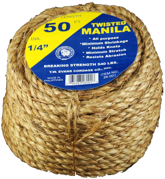 T.W. Evans Cordage 26-001 Rope, 1/4 in Dia, 50 ft L, 54 lb Working Load, Manila, Natural