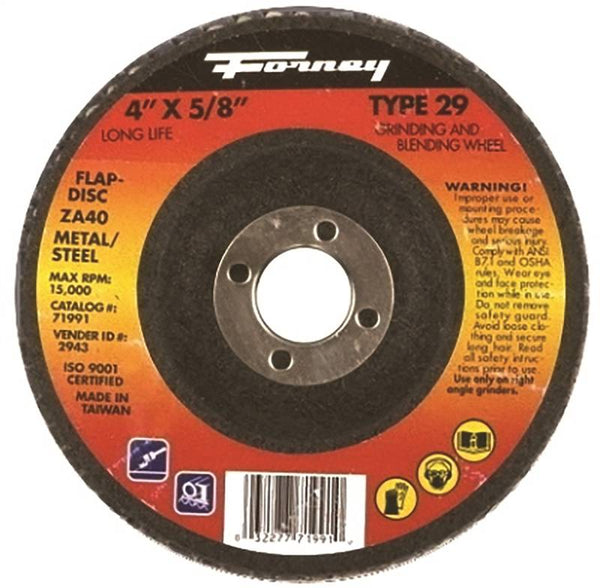 Forney 71991 Flap Disc, 4 in Dia, 5/8 in Arbor, 36 Grit, Medium, Zirconia Aluminum Abrasive, Fiberglass Backing