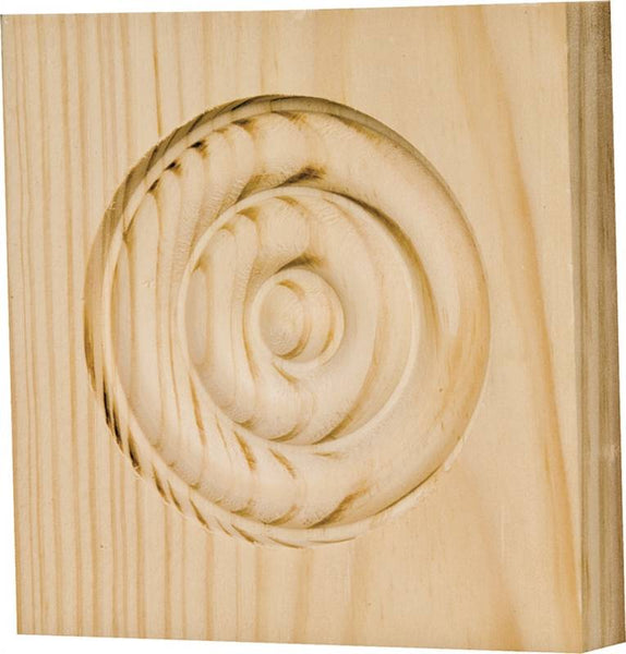 Waddell RTB35M Trim Block, 3-3/4 in H, 3-3/4 in W, Rosette Pattern, Pine Wood