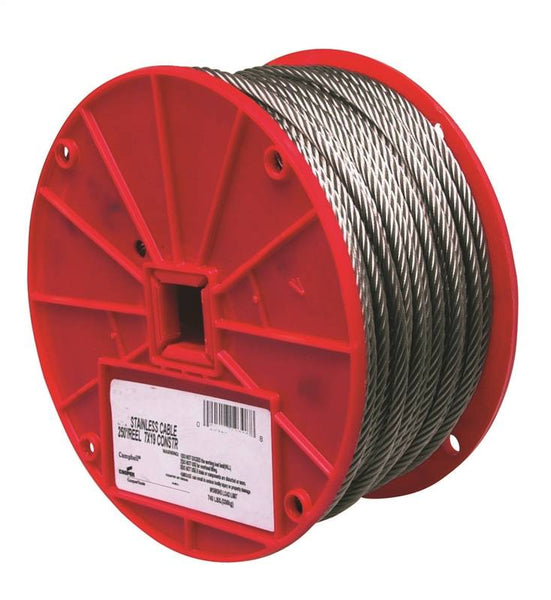 Campbell 7000426 High-Strength Cable, 1/8 in Dia, 250 ft L, 340 lb Working Load, Stainless Steel