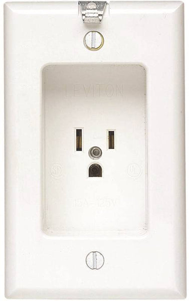 Leviton 103-00688-00W Clock Hanger Receptacle, 2 -Pole, 125 V, 15 A, NEMA: NEMA 5-15R, White