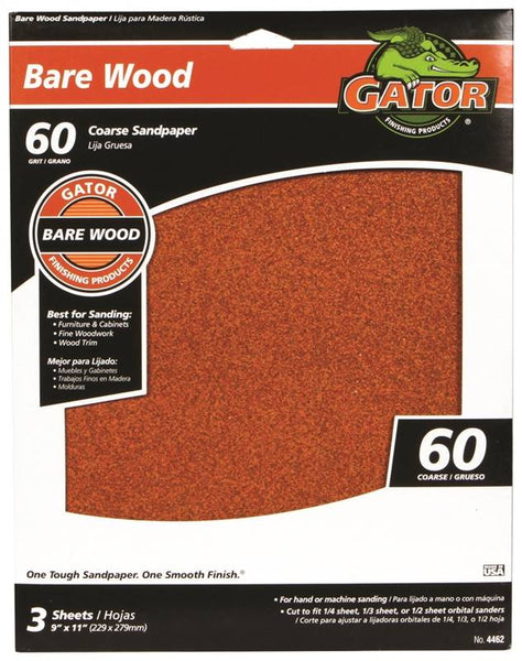 Gator 4462 Sanding Sheet, 11 in L, 9 in W, Coarse, 60 Grit, Garnet Abrasive, Paper Backing