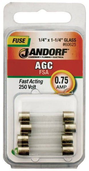 Jandorf 60625 Fast Acting Fuse, 0.75 A, 250 V, 35 A, 10 kA Interrupt, Glass Body