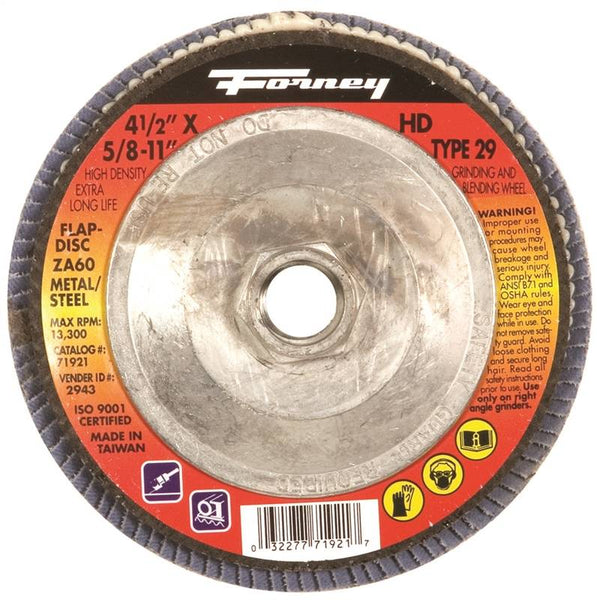 Forney 71921 Flap Disc, 4-1/2 in Dia, 5/8-11 Arbor, 60 Grit, Medium, Zirconia Aluminum Abrasive