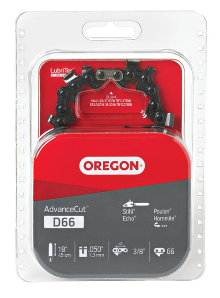 Oregon D66 Chainsaw Chain, 18 in L Bar, 0.05 Gauge, 3/8 in TPI/Pitch, 66-Link