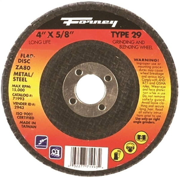 Forney 71993 Flap Disc, 4 in Dia, 5/8 in Arbor, 80 Grit, Fine, Zirconia Aluminum Abrasive, Fiberglass Backing