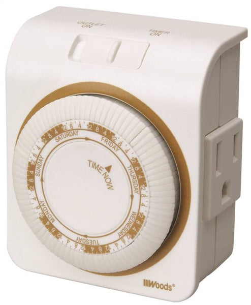 Woods 50002 Mechanical Timer, 15 A, 125 V, 1875 W, 7 days Time Setting, 6 On/Off Cycles Per Day Cycle, White