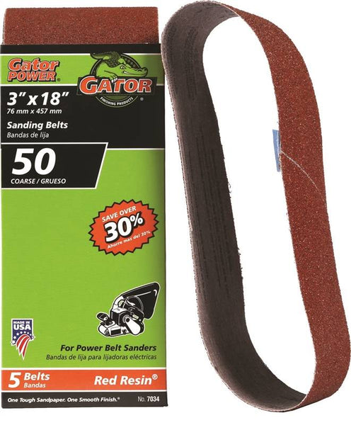 Gator 7034 Sanding Belt, 3 in W, 18 in L, 50 Grit, Coarse, Aluminum Oxide Abrasive