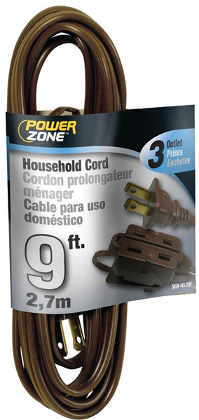 PowerZone Extension Cord, 16 AWG Cable, 9 ft L, 13 A, 125 V, Brown
