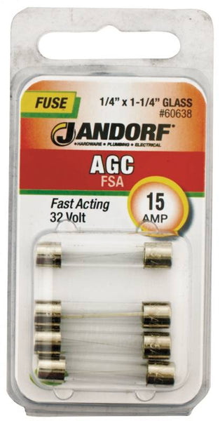 Jandorf 60638 Fast Acting Fuse, 15 A, 32 V, 1 kA Interrupt, Glass Body