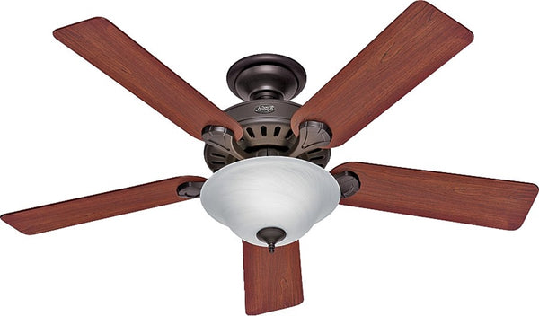 Hunter 53250/28724 Ceiling Fan, 5-Blade, Cherry/Oak Blade, 52 in Sweep, Fiberboard Blade, 3-Speed, With Lights: Yes