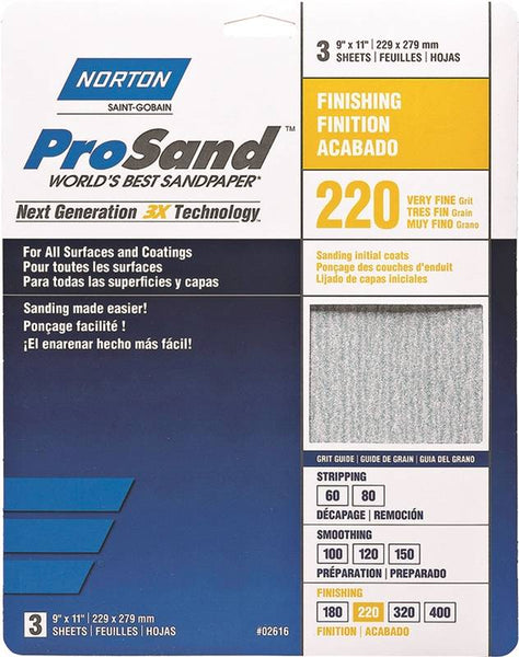 NORTON ProSand 07660768158 Sanding Sheet, 11 in L, 9 in W, Very Fine, 220 Grit, Aluminum Oxide Abrasive