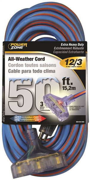 PowerZone Extension Cord, 12 AWG Cable, 5-15P Grounded Plug, 5-15R Grounded Receptacle, 50 ft L, 15 A, 125 V