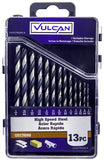 Vulcan 242790OR Plastic Case Drill Bit Set, 13-Piece, High Speed Steel, Black Oxide/Polished