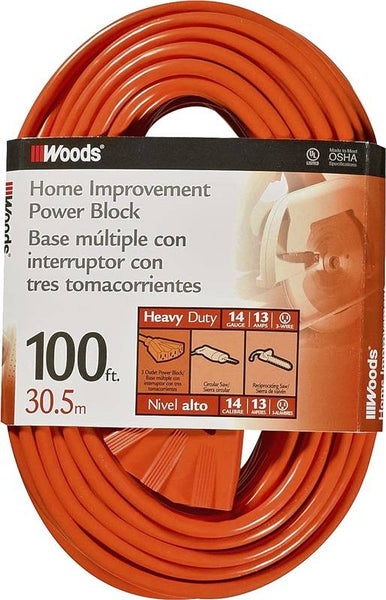 Woods 0827 Extension Cord, 14 AWG Cable, 100 ft L, 13 A, 125 V, Orange