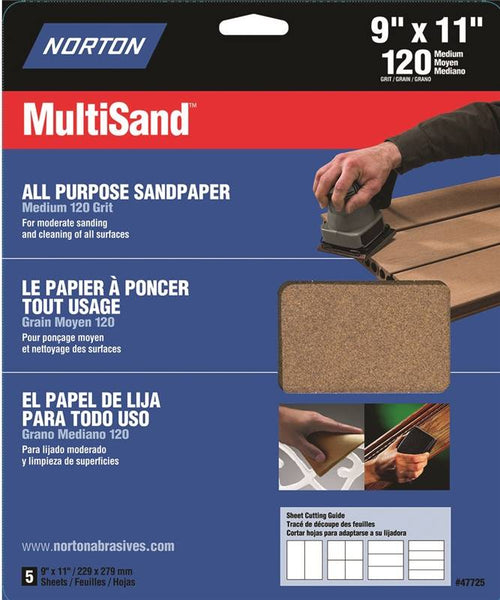 NORTON MultiSand 07660704154 Sanding Sheet, 11 in L, 9 in W, Medium, 120 Grit, Aluminum Oxide Abrasive