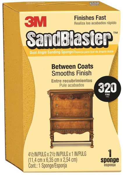 3M SandBlaster 9566 Sanding Sponge, 4-1/2 in L, 2-1/2 in W, 320 Grit, Aluminum Oxide Abrasive