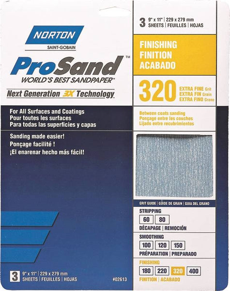 NORTON ProSand 07660768157 Sanding Sheet, 11 in L, 9 in W, Extra Fine, 320 Grit, Aluminum Oxide Abrasive