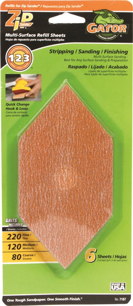 Gator Zip 7187 Refill Sheet, 6 in L, 3 in W, Extra Fine, Fine, Medium, 80 Grit, Aluminum Oxide Abrasive