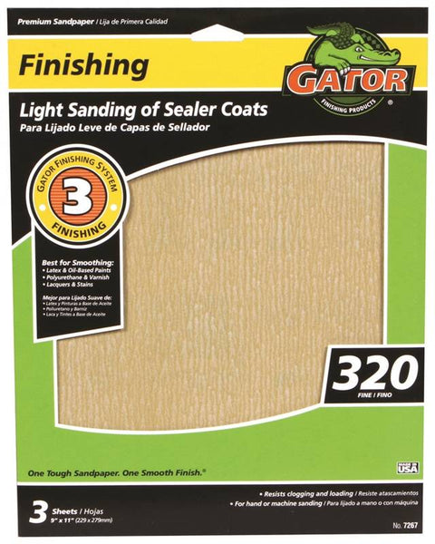 Gator 7267 Sanding Sheet, 11 in L, 9 in W, 320 Grit, Very Fine, Aluminum Oxide Abrasive