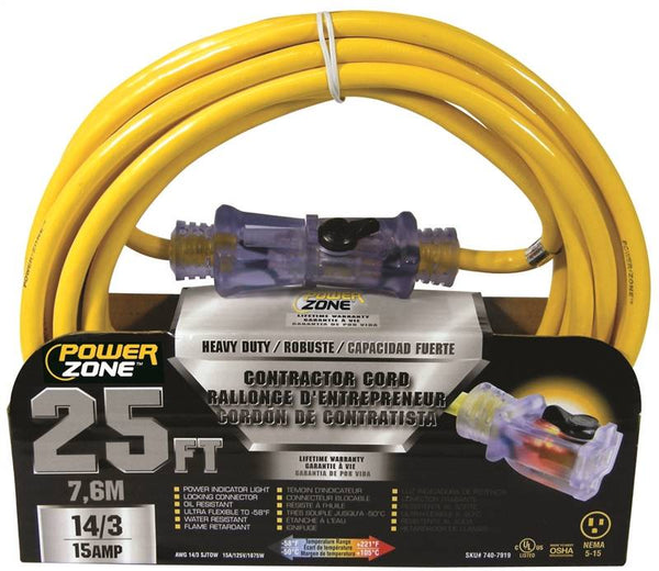 PowerZone Extension Cord, 14 AWG Cable, 25 ft L, 15 A, 125 V, Yellow