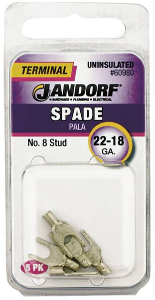 Jandorf 60980 Spade Terminal, 600 V, 22 to 18 AWG Wire, #8 Stud, Copper Contact