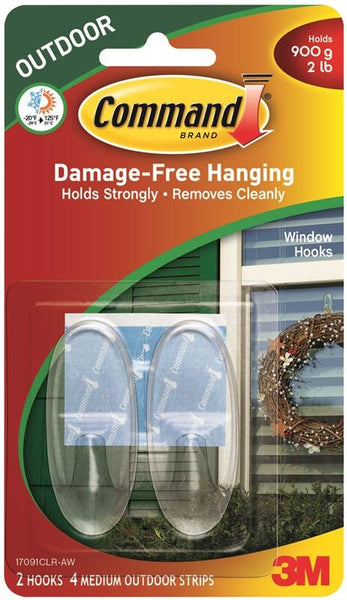 Command 17091CLR-AW Window Hook, 2 lb, 2-Hook, Plastic, Clear