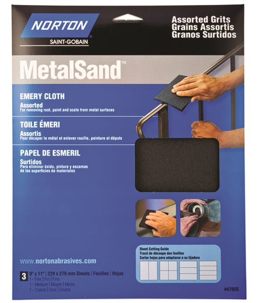 NORTON MetalSand 07660747855 Sanding Sheet, 11 in L, 9 in W, Emery Abrasive, Cloth Backing