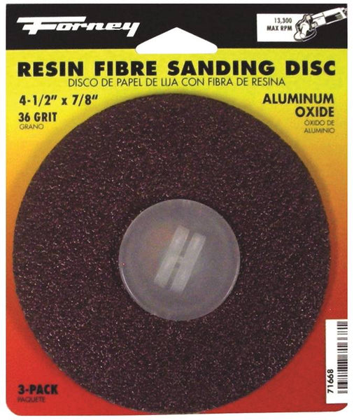 Forney 71668 Sanding Disc, 4-1/2 in Dia, 7/8 in Arbor, Coated, 36 Grit, Extra Coarse, Aluminum Oxide Abrasive