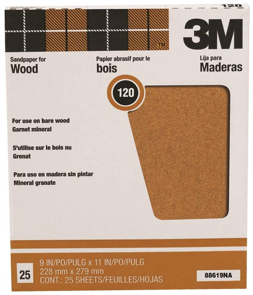 3M 88619 Sandpaper Sheet, 11 in L, 9 in W, Fine, 120 Grit, Garnet Abrasive, Paper Backing