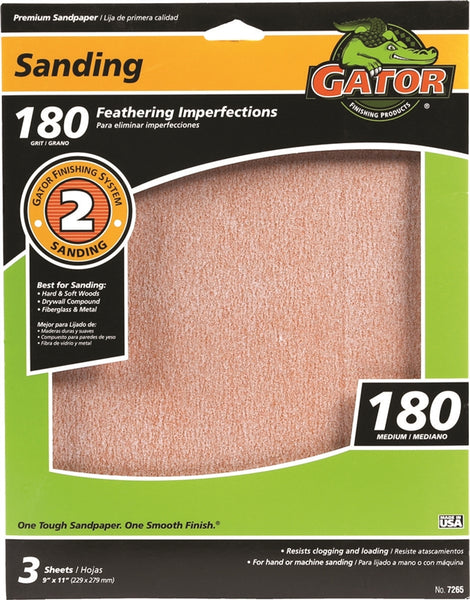 Gator 7265 Sanding Sheet, 11 in L, 9 in W, Extra Fine, 180 Grit, Aluminum Oxide Abrasive, Paper Backing