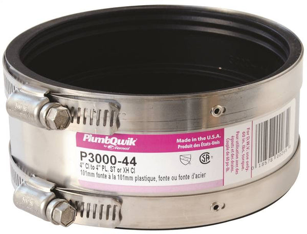 FERNCO P3000-44 Transition Coupling, 4 in, PVC, SCH 40 Schedule, 4.3 psi Pressure