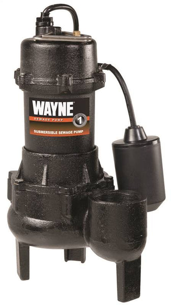 WAYNE RPP50/SEL50 Sewage Pump, 1-Phase, 15 A, 115 V, 0.5 hp, 2 in Outlet, 20 ft Max Head, 10,000 gph, Iron