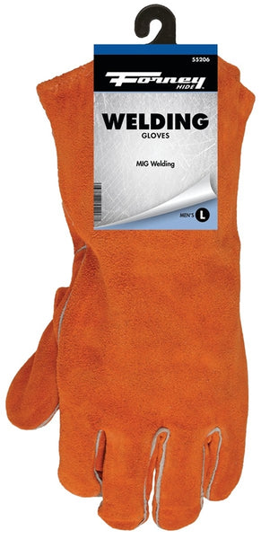 ForneyHide 55206 Welding Gloves, Men's, L, Gauntlet Cuff, Leather Palm, Orange, Wing Thumb, Leather Back