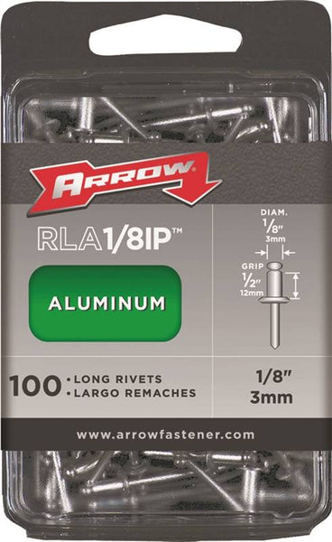 Arrow RLA1/8IP Pop Rivet, Long, 1/2 in L, Aluminum