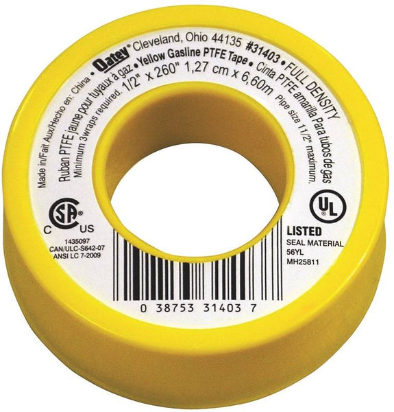Oatey 31403 Thread Seal Tape, 260 in L, 1/2 in W, PTFE, Yellow