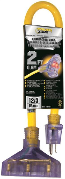 PowerZone Contractor Cord, 12 AWG Cable, 2 ft L, 15 A, 125 V, Yellow