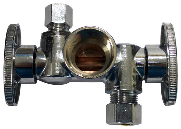 Plumb Pak K2902DHLF Dual Shut-Off Valve, 1/2 x 3/8 x 1/4 in Connection, FIP x Compression, 250 psi Pressure, Brass Body