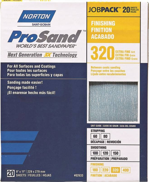 NORTON ProSand 07660768166 Sanding Sheet, 11 in L, 9 in W, Extra Fine, 320 Grit, Aluminum Oxide Abrasive