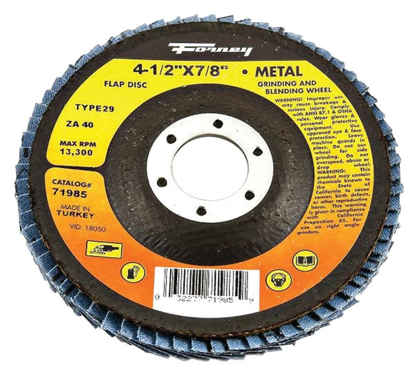 Forney 71985 Flap Disc, 4-1/2 in Dia, 7/8 in Arbor, 40 Grit, Medium, Zirconia Aluminum Abrasive