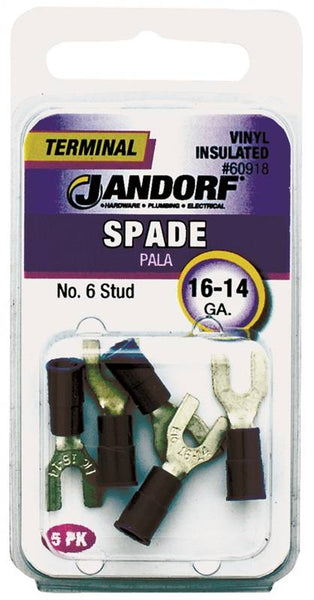 Jandorf 60918 Spade Terminal, 600 V, 16 to 14 AWG Wire, #6 Stud, Vinyl Insulation, Copper Contact, Blue